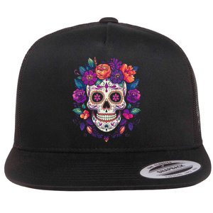 De Los Muertos Day Of The Dead Sugar Skull Halloween Flat Bill Trucker Hat