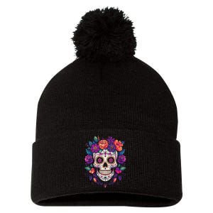 De Los Muertos Day Of The Dead Sugar Skull Halloween Pom Pom 12in Knit Beanie