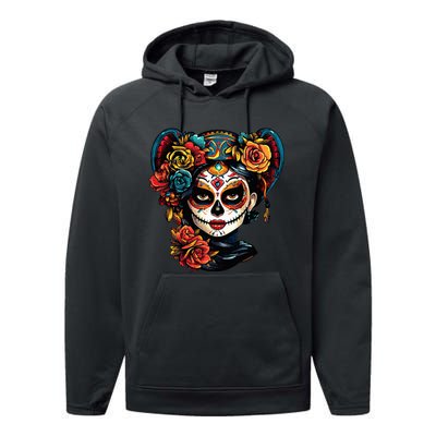 De Los Muertos La Catrina Day of the Dead Sugar Skull Performance Fleece Hoodie