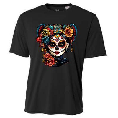 De Los Muertos La Catrina Day of the Dead Sugar Skull Cooling Performance Crew T-Shirt