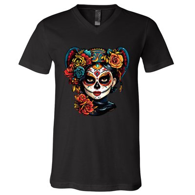 De Los Muertos La Catrina Day of the Dead Sugar Skull V-Neck T-Shirt