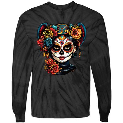 De Los Muertos La Catrina Day of the Dead Sugar Skull Tie-Dye Long Sleeve Shirt