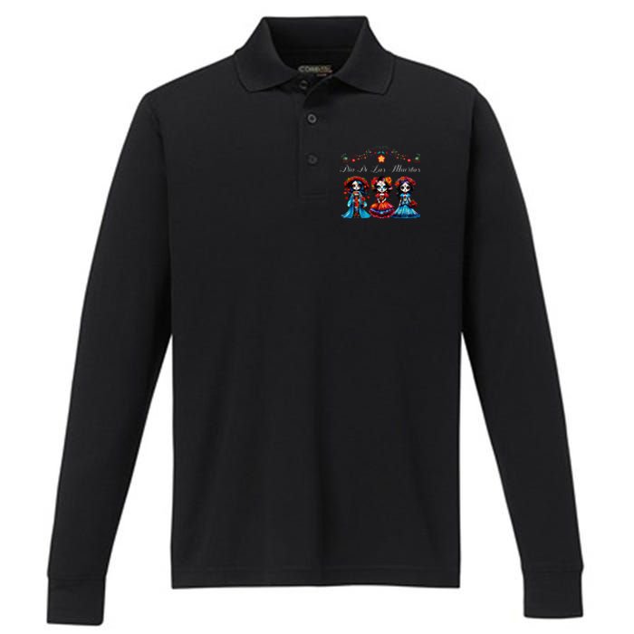 De Los Muertos La Catrina Day of the Dead Sugar Skull Performance Long Sleeve Polo