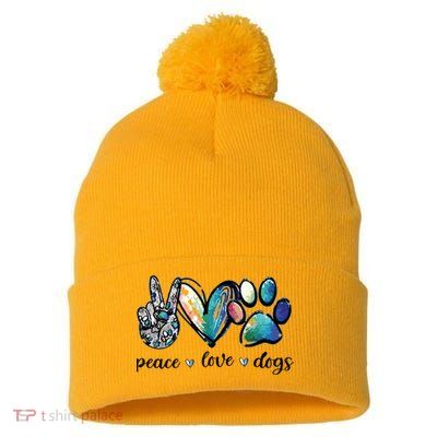 Dog Lover Peace Love Dogs Puppy Paw Pom Pom 12in Knit Beanie