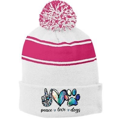 Dog Lover Peace Love Dogs Puppy Paw Stripe Pom Pom Beanie