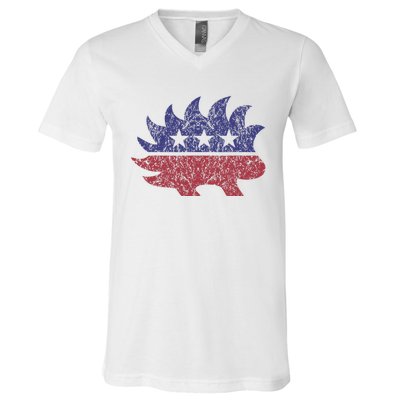 Distressed Libertarian Porcupine Cool Stylized Freedom V-Neck T-Shirt