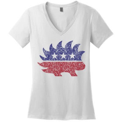 Distressed Libertarian Porcupine Cool Stylized Freedom Women's V-Neck T-Shirt