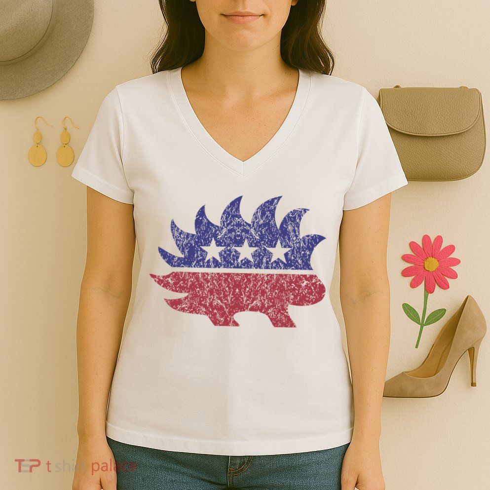 Distressed Libertarian Porcupine Cool Stylized Freedom Women's V-Neck T-Shirt