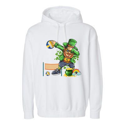 Dabbing Leprechaun Playing Volleyball Patrick Day Shamrock Cute Gift Garment-Dyed Fleece Hoodie