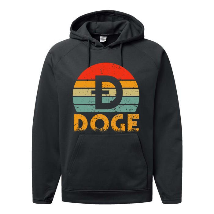 Dogecoin Logo Retro Vintage Dogecoin Hodler Trader Performance Fleece Hoodie