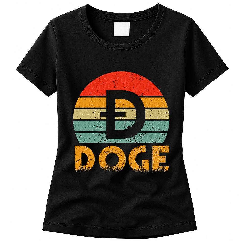 Dogecoin Logo Retro Vintage Dogecoin Hodler Trader Womens T-Shirt