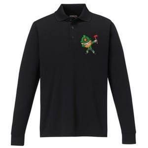 Dabbing Leprechaun St Patricks Day Fire Irish Gift Performance Long Sleeve Polo