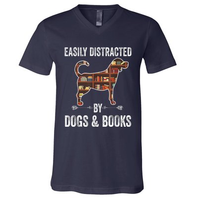 Dog Lover Shirt Easily Distracted Dogs Books Funny Dog Lover V-Neck T-Shirt