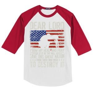 Dear Lord Save This Great Nation Jesus And Trump Maga Gift Kids Colorblock Raglan Jersey