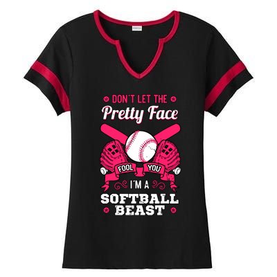 Dont Let The Pretty Face Fool You Softball Beauty Girl Ladies Halftime Notch Neck Tee