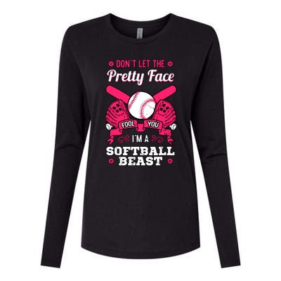 Dont Let The Pretty Face Fool You Softball Beauty Girl Womens Cotton Relaxed Long Sleeve T-Shirt