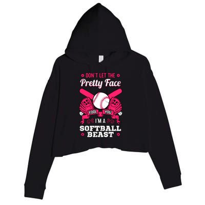 Dont Let The Pretty Face Fool You Softball Beauty Girl Crop Fleece Hoodie