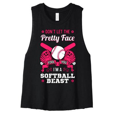 Dont Let The Pretty Face Fool You Softball Beauty Girl Women's Racerback Cropped Tank