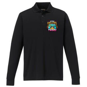 Dad Level: Twins! Funny And Playful Typography Twin Dad Performance Long Sleeve Polo