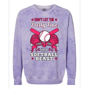 DonT Let The Pretty Face Fool You Softball Beauty Girl Colorblast Crewneck Sweatshirt