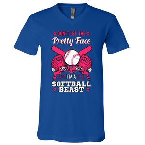 DonT Let The Pretty Face Fool You Softball Beauty Girl V-Neck T-Shirt