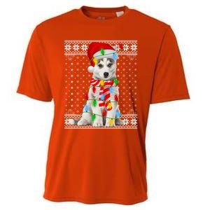 Dog Lights Ugly Sweater Santa Siberian Husky Dog Christmas Gift Cooling Performance Crew T-Shirt