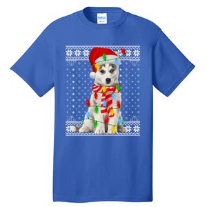 Dog Lights Ugly Sweater Santa Siberian Husky Dog Christmas Gift Tall T-Shirt