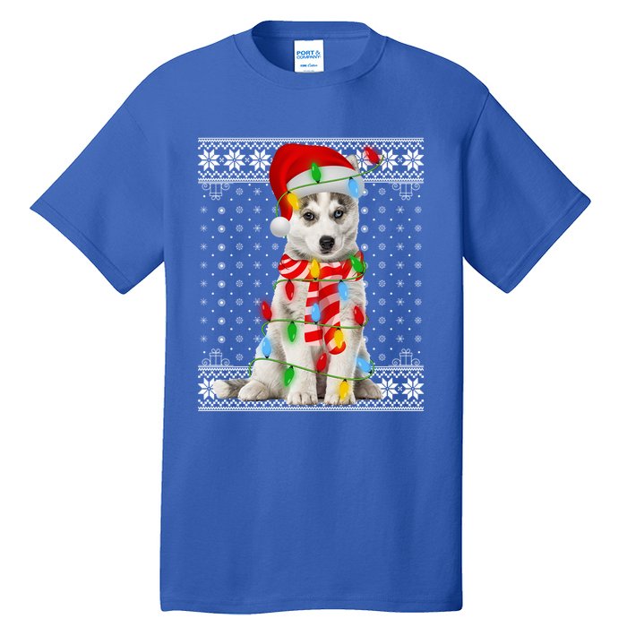 Dog Lights Ugly Sweater Santa Siberian Husky Dog Christmas Gift Tall T-Shirt