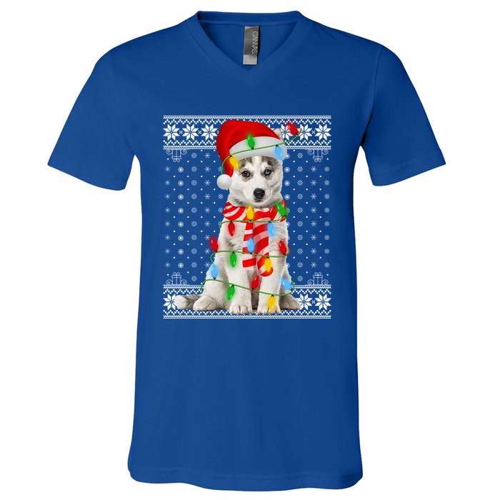 Dog Lights Ugly Sweater Santa Siberian Husky Dog Christmas Gift V-Neck T-Shirt