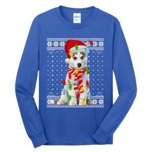 Dog Lights Ugly Sweater Santa Siberian Husky Dog Christmas Gift Tall Long Sleeve T-Shirt