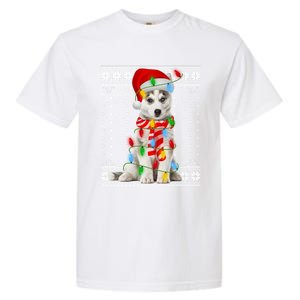 Dog Lights Ugly Sweater Santa Siberian Husky Dog Christmas Gift Garment-Dyed Heavyweight T-Shirt