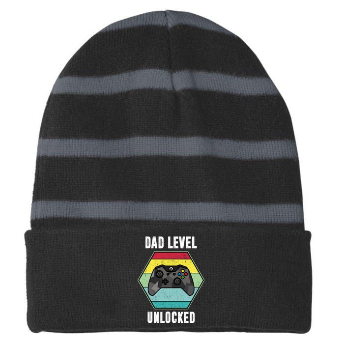 Dad Level Unlocked Gamer Vintage Striped Beanie with Solid Band