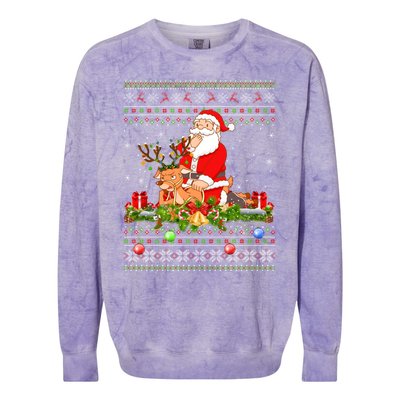 Deer Lover Ugly Santa Riding Deer Christmas Gift Colorblast Crewneck Sweatshirt