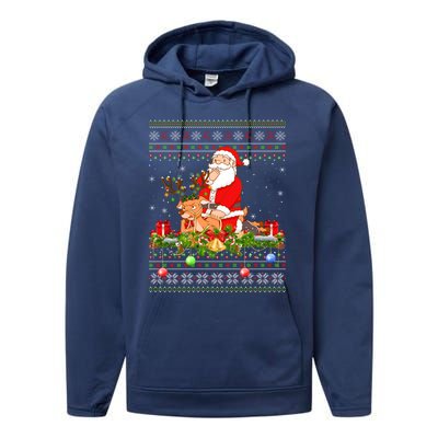 Deer Lover Ugly Santa Riding Deer Christmas Gift Performance Fleece Hoodie