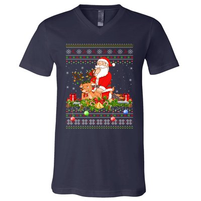 Deer Lover Ugly Santa Riding Deer Christmas Gift V-Neck T-Shirt