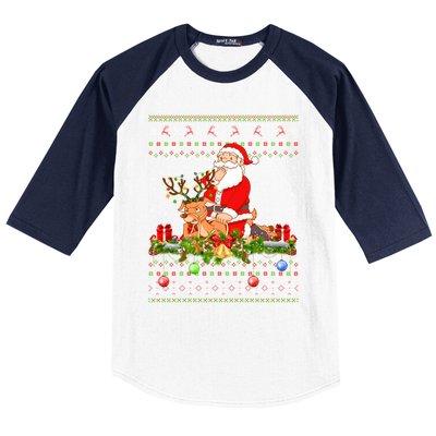 Deer Lover Ugly Santa Riding Deer Christmas Gift Baseball Sleeve Shirt