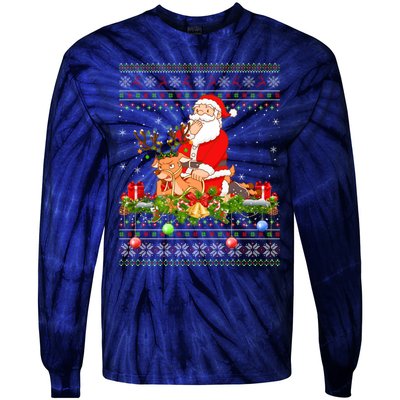 Deer Lover Ugly Santa Riding Deer Christmas Gift Tie-Dye Long Sleeve Shirt