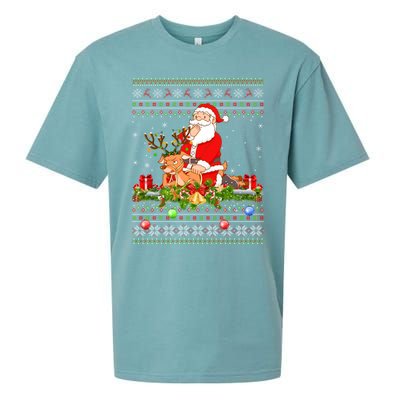 Deer Lover Ugly Santa Riding Deer Christmas Gift Sueded Cloud Jersey T-Shirt