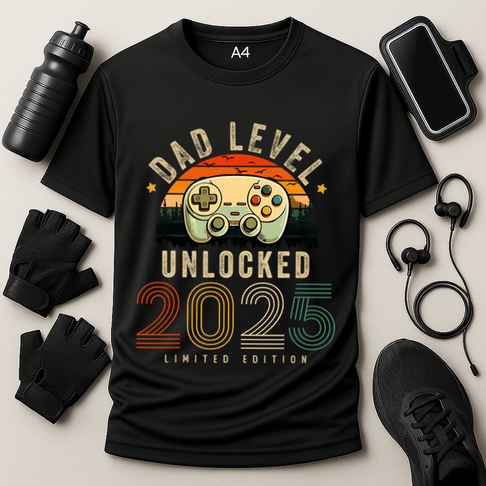 Dad Level Unlocked 2025 Dad Est 2025 Promoted To Dad 2025 Cooling Performance Crew T-Shirt