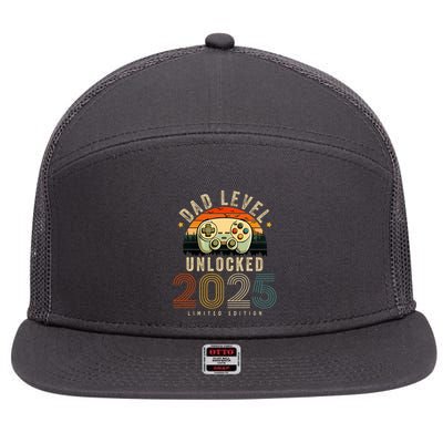 Dad Level Unlocked 2025 Dad Est 2025 Promoted To Dad 2025 7 Panel Mesh Trucker Snapback Hat