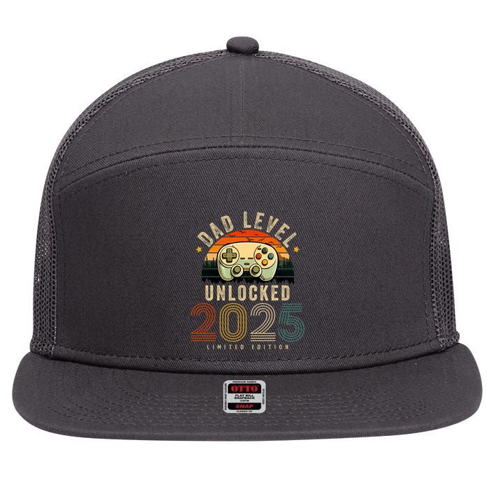 Dad Level Unlocked 2025 Dad Est 2025 Promoted To Dad 2025 7 Panel Mesh Trucker Snapback Hat