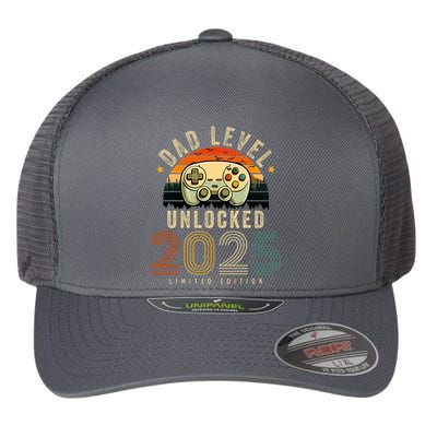 Dad Level Unlocked 2025 Dad Est 2025 Promoted To Dad 2025 Flexfit Unipanel Trucker Cap
