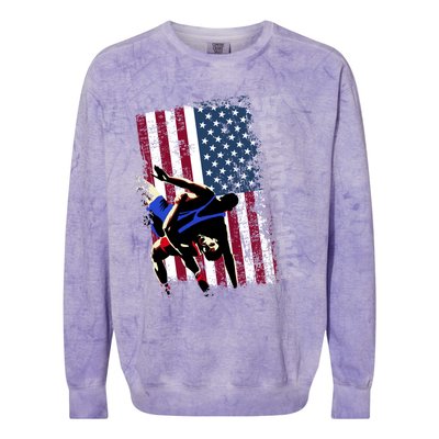 Distressed Look Wrestling Gift American Flag Gift Colorblast Crewneck Sweatshirt