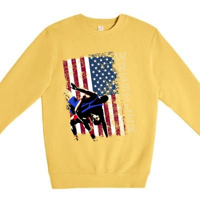 Distressed Look Wrestling Gift American Flag Gift Premium Crewneck Sweatshirt