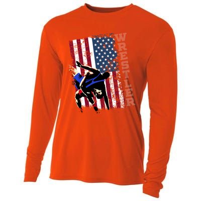 Distressed Look Wrestling Gift American Flag Gift Cooling Performance Long Sleeve Crew