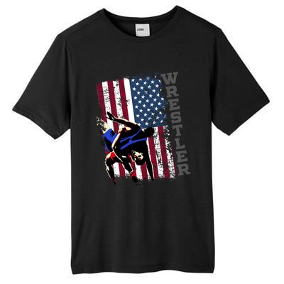 Distressed Look Wrestling Gift American Flag Gift Tall Fusion ChromaSoft Performance T-Shirt