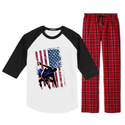 Distressed Look Wrestling Gift American Flag Gift Raglan Sleeve Pajama Set