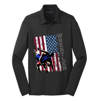 Distressed Look Wrestling Gift American Flag Gift Silk Touch Performance Long Sleeve Polo