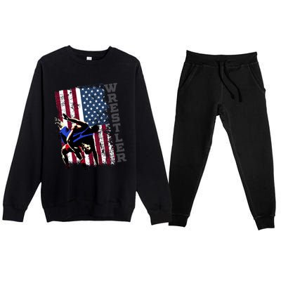 Distressed Look Wrestling Gift American Flag Gift Premium Crewneck Sweatsuit Set