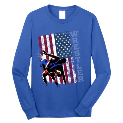 Distressed Look Wrestling Gift American Flag Gift Long Sleeve Shirt